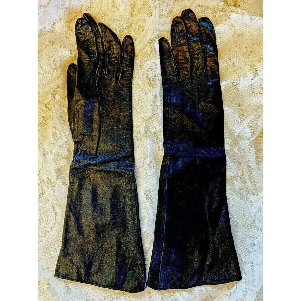 Vintage Black Leather Gloves Shalimar Vanity NY1950s France Ladies Size 6.5